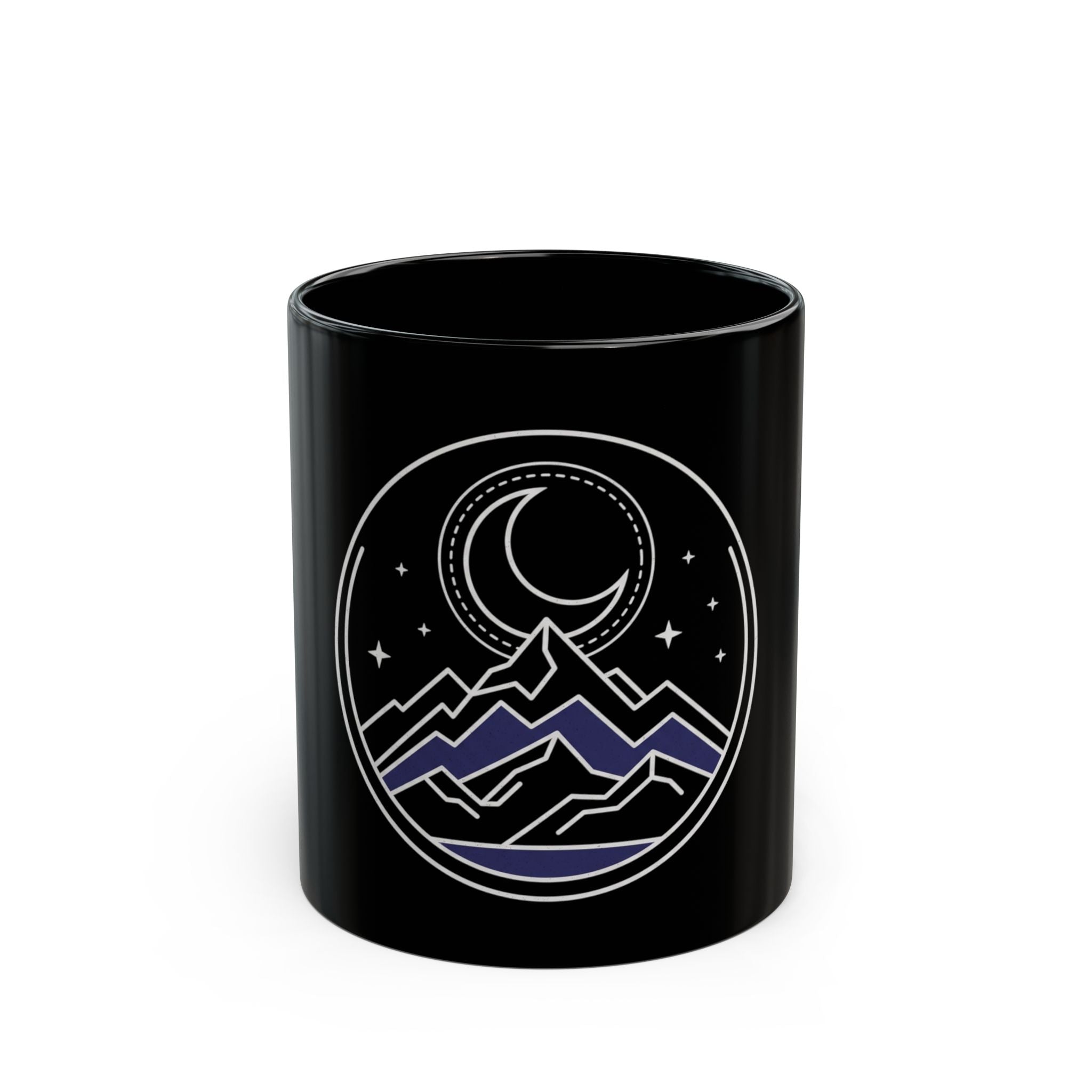 Mountain Moon Night Black Mug — Crescent Moon & Stars Ceramic Coffee Cup (11oz/15oz)