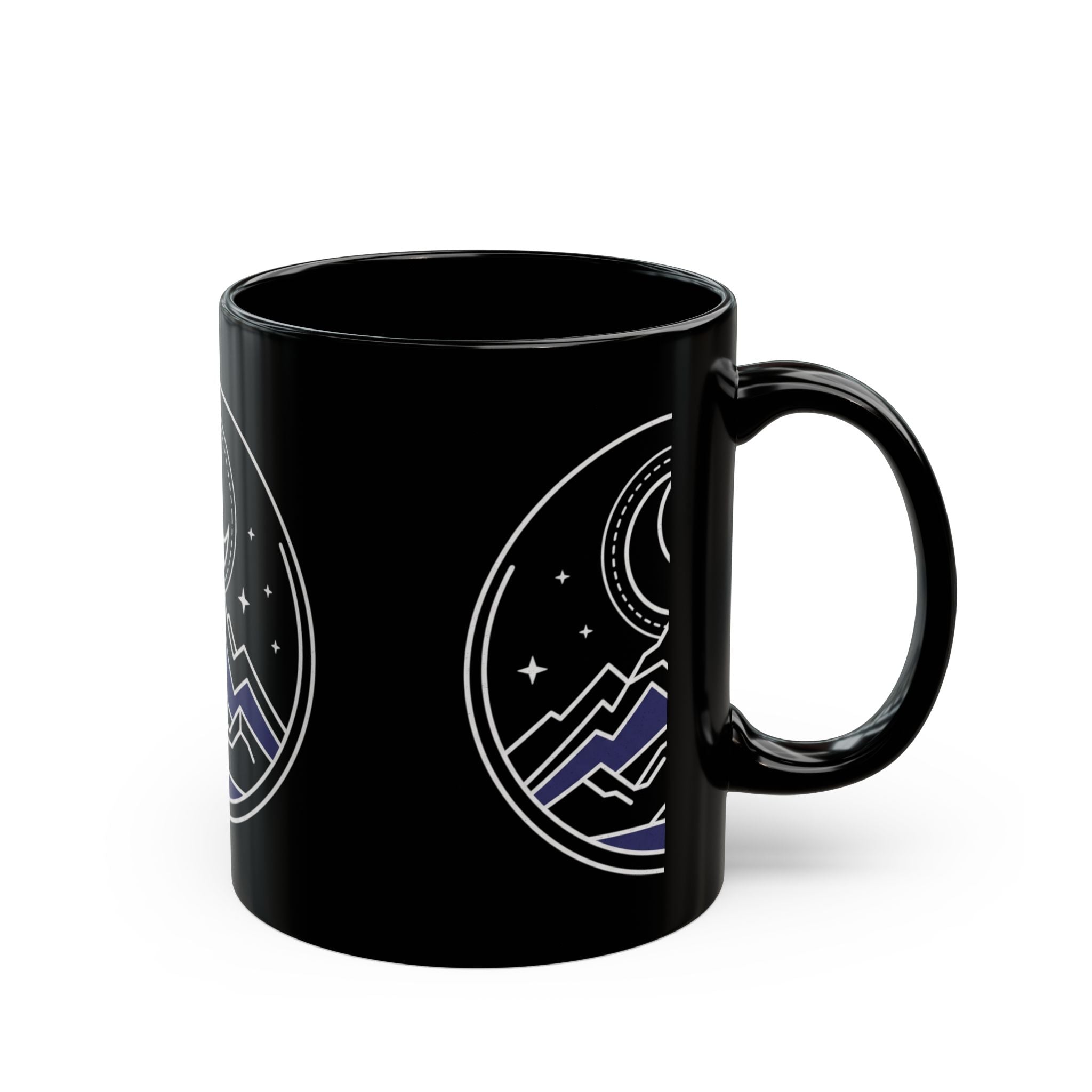 Mountain Moon Night Black Mug — Crescent Moon & Stars Ceramic Coffee Cup (11oz/15oz)