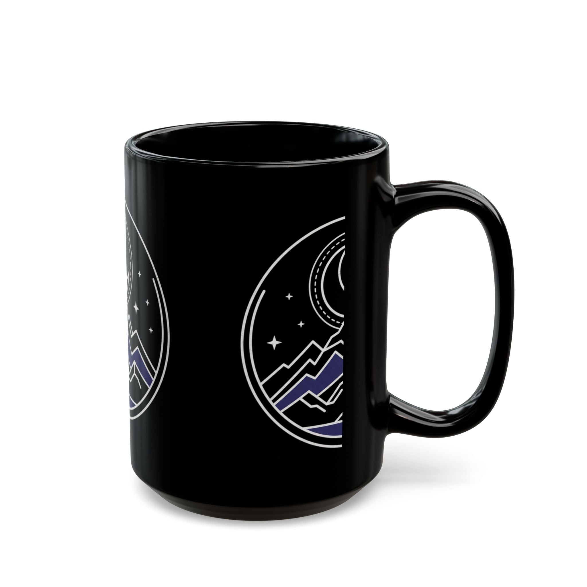 Mountain Moon Night Black Mug — Crescent Moon & Stars Ceramic Coffee Cup (11oz/15oz)
