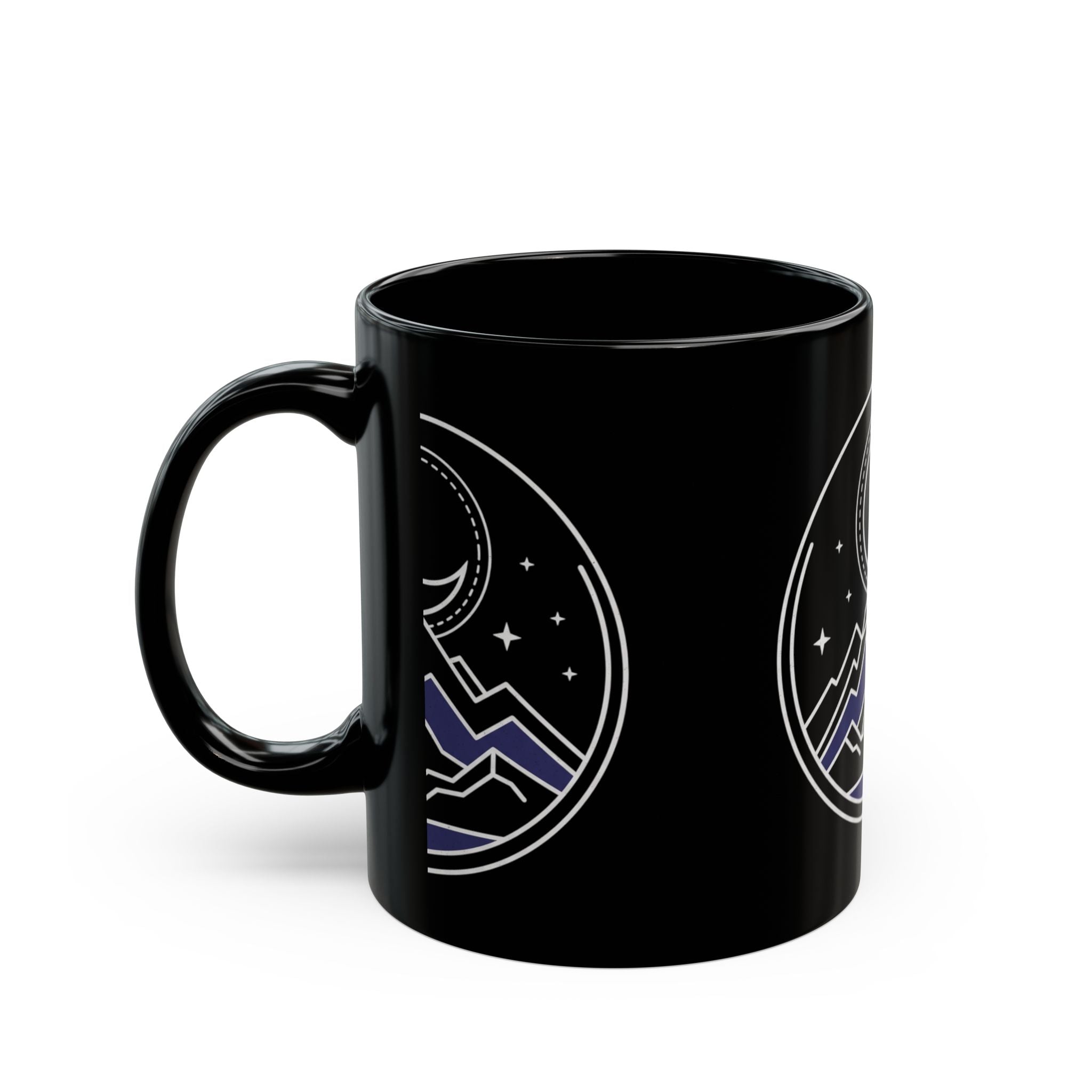 Mountain Moon Night Black Mug — Crescent Moon & Stars Ceramic Coffee Cup (11oz/15oz)