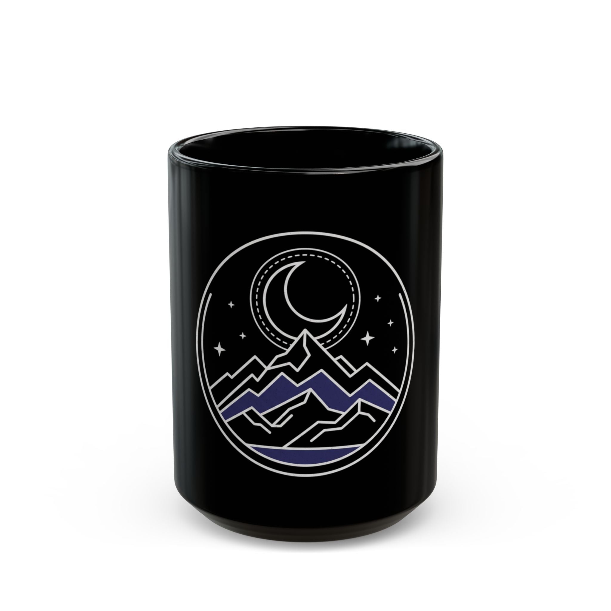 Mountain Moon Night Black Mug — Crescent Moon & Stars Ceramic Coffee Cup (11oz/15oz)