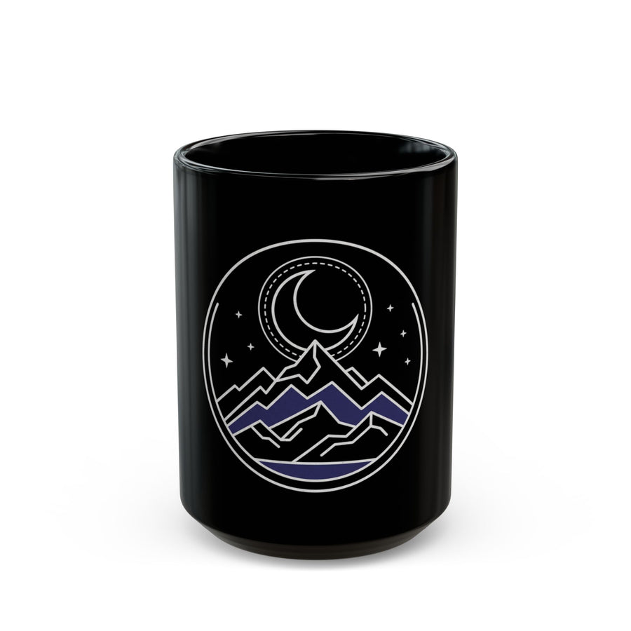 Mountain Moon Night Black Mug — Crescent Moon & Stars Ceramic Coffee Cup (11oz/15oz)